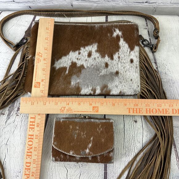 Myra Bag Leather ,Floral Canvas & Cowhide Whipstitch Fringe Crossbody W/ Wallet‎ - Picture 14 of 14